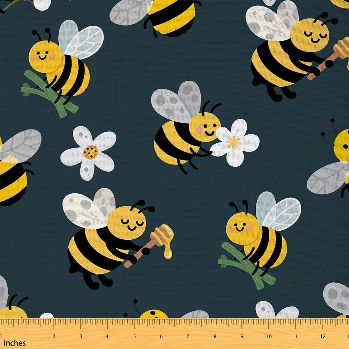 Bee Daisy Flower Fabric Rustic Farmhouse DIY Sewing Craft Hobby Fabric Cartoon Honeybee Wild Animals Decorative Fabric Soft Flannel Polyester No Stretch