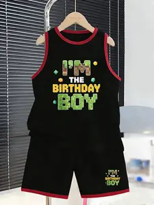Boys' Minecraft Birthday Tank Top and Shorts Set, Pixel Style, Cartoon Print, Loose Fit, Breathable, Perfect for Parties and Daily Wear