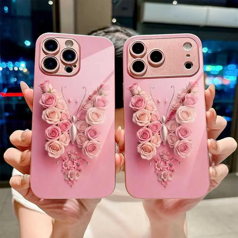 Pink Rose Butterfly For iPhone 17 Phone Case Tempered Glass For iPhone 13/14/15/16 Pro Max Protective Cover HNAA97PLQWE