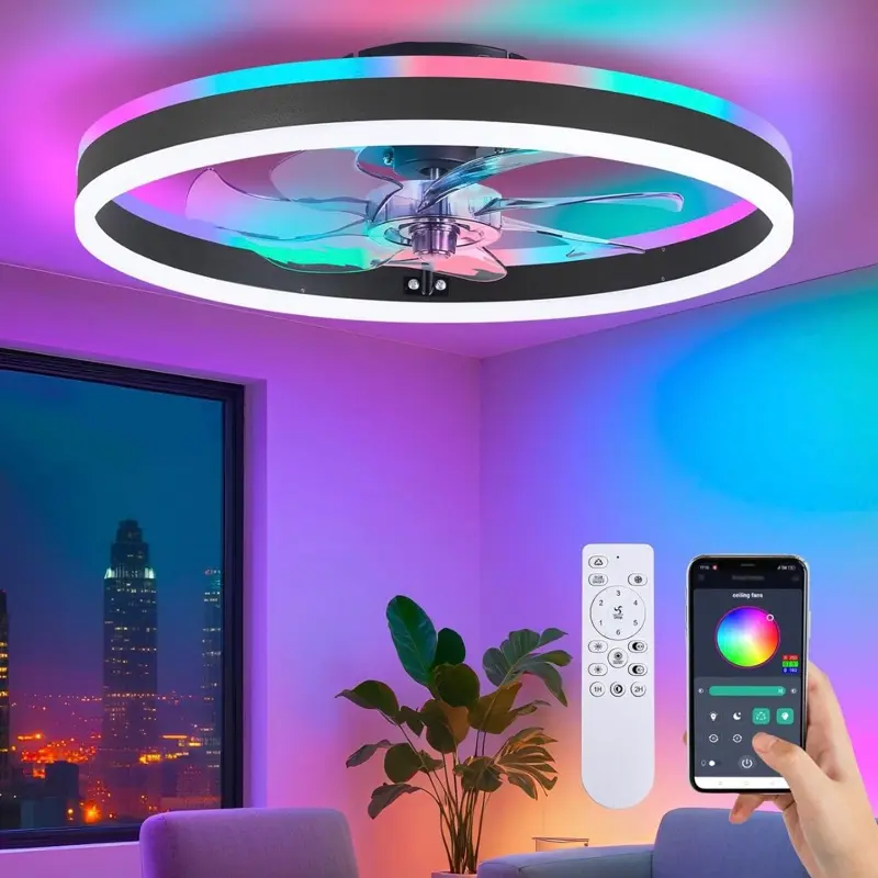 RGB Ceiling Fan with Light, 20'' Low Profile Ceiling Fans, Black Flush Mount LED Fan Light with Remote Control, Modern Bladeless Fandelier for Bedroom, Living Room, Kitchen