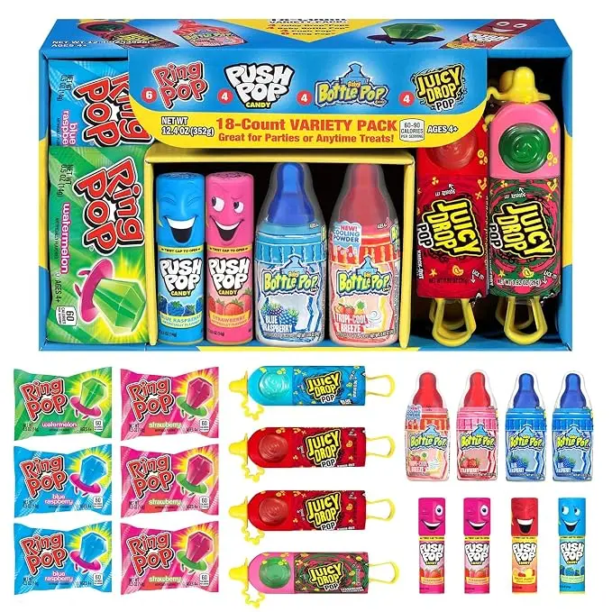 Candy Variety Pack, 18 Count Assorted Lollipops, Bulk Individually Wrapped | Ring Pop, Push Pop, Baby Bottle Pop & Juicy Drop, Ideal for Birthdays, Party Favors for Kids & Hard Candy Gifts, 1.7 pounds