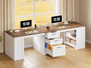 HOOBRO 94.5" Computer Desk with Power Outlet, 2 Person Office Desk with Drawers, Farmhouse Double Desk for Home Office, A4/Letter Size, Adjustable Shelves, White and Walnut #SpringSale #BigSpringSale