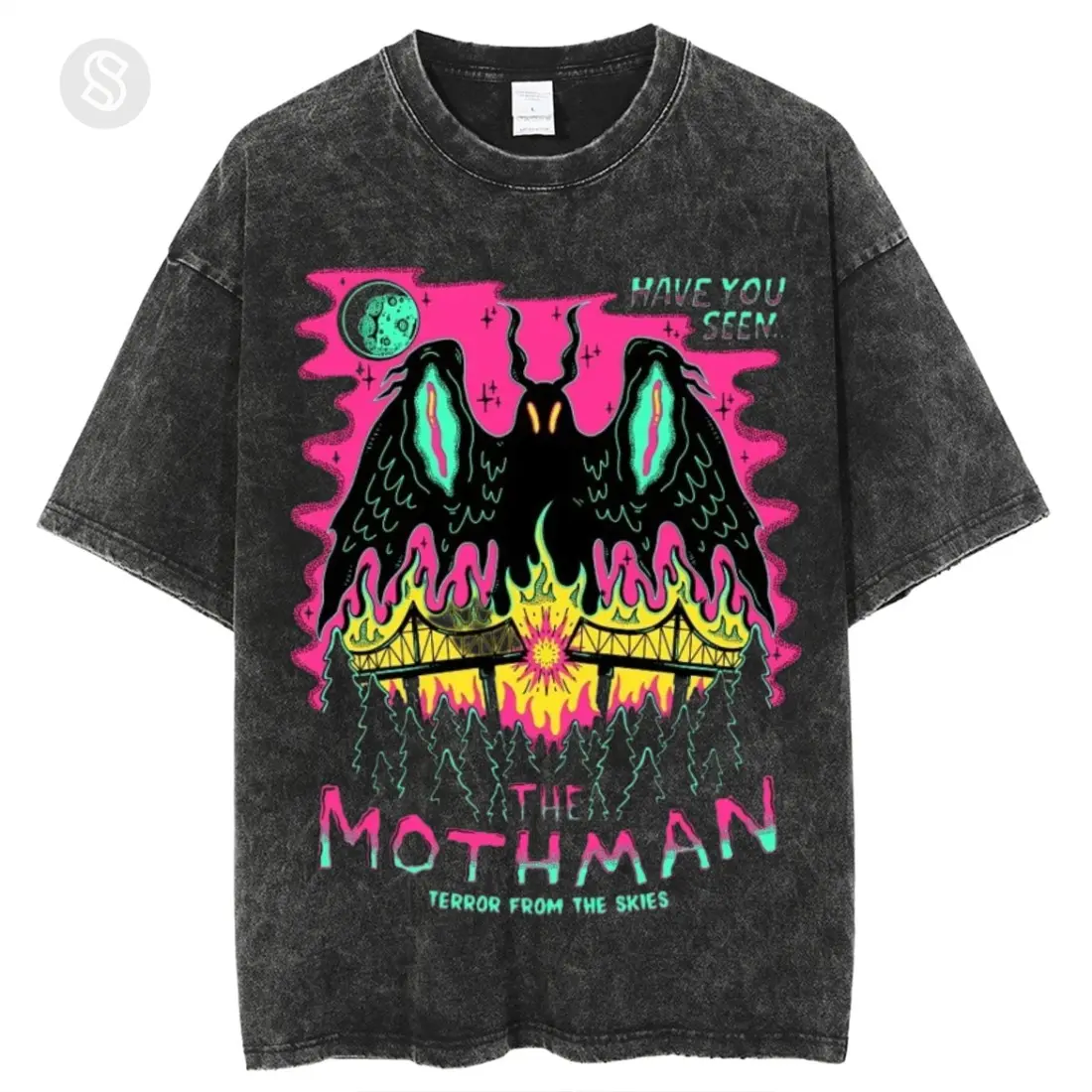 Have You See The Mothman Unisex Printed Retro Washed Short Sleeved T-Shirt, Graphic Tee, Unisex Fashion, Full Color, Full Size, For Men, For Women