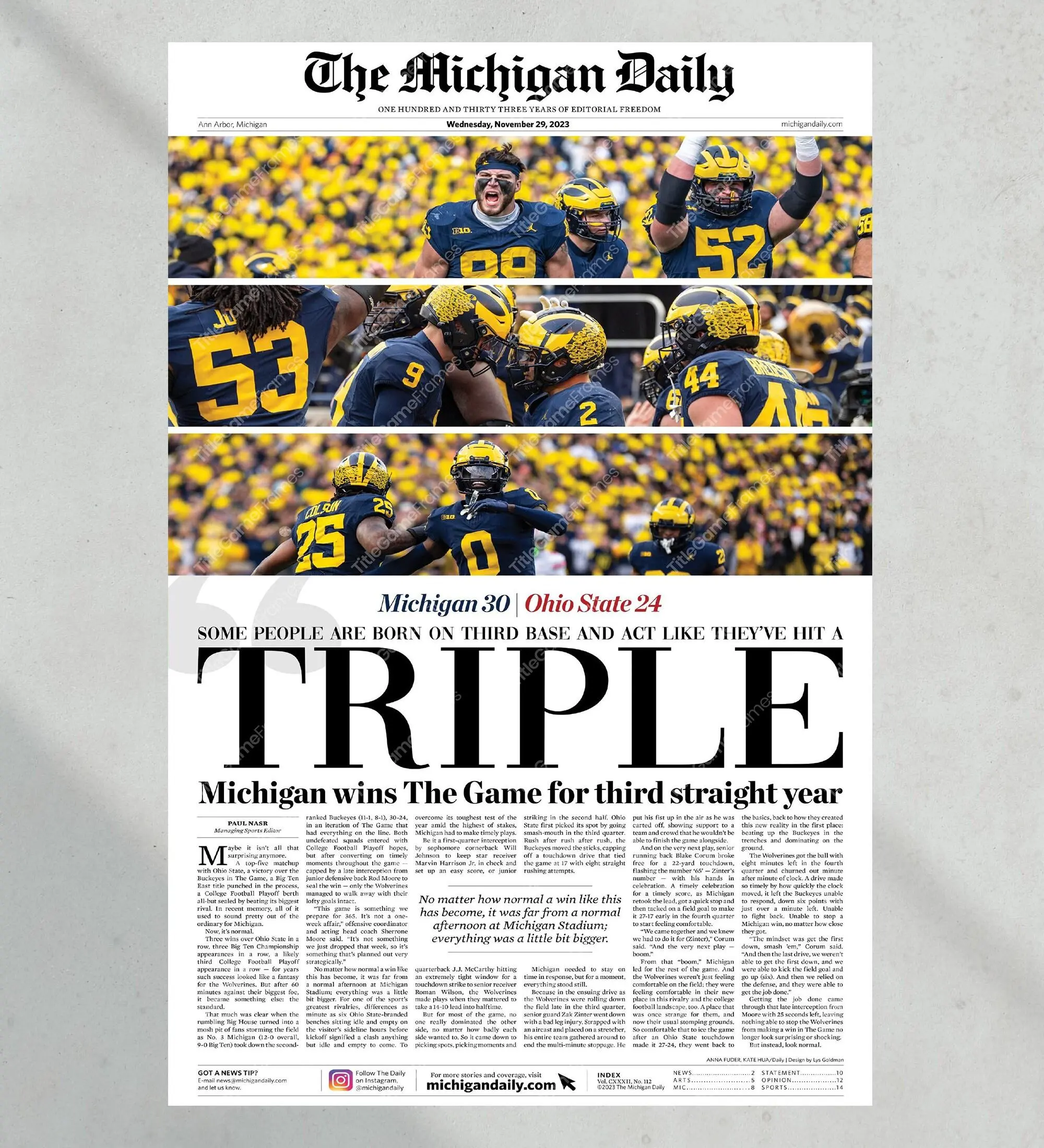 2023 Michigan Wolverines “TRIPLE” def. Ohio State Buckeyes Front Page Poster Print