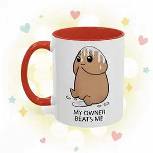 Funny Raunchy Mug “My Owner Beats Me” Cute Emotional Meme Ceramic Coffee Cup 11oz 15oz, Sarcastic Office Desk Gift for Friends Coworkers
