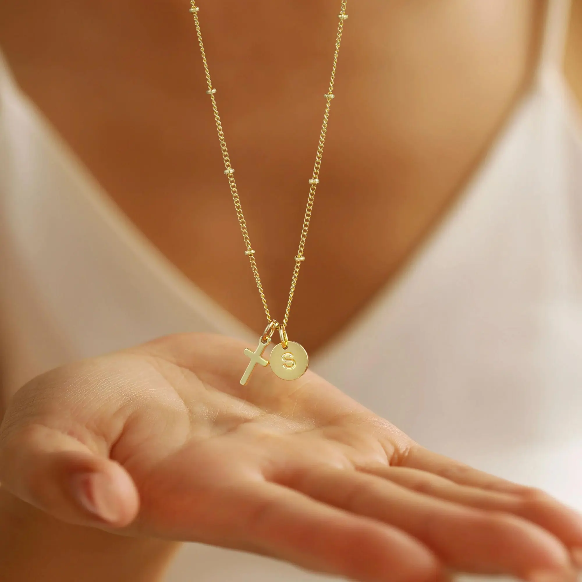 Cross Initial Necklaces for Women Teen Girls, Dainty 14K-Gold-Plated Disc Initial A-Z Cross Pendant Necklace, Trendy Faith Jewelry Birthday Christmas Gifts for Women Girls