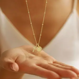 Cross Initial Necklaces for Women Teen Girls, Dainty 14K-Gold-Plated Disc Initial A-Z Cross Pendant Necklace, Trendy Faith Jewelry Birthday Christmas Gifts for Women Girls
