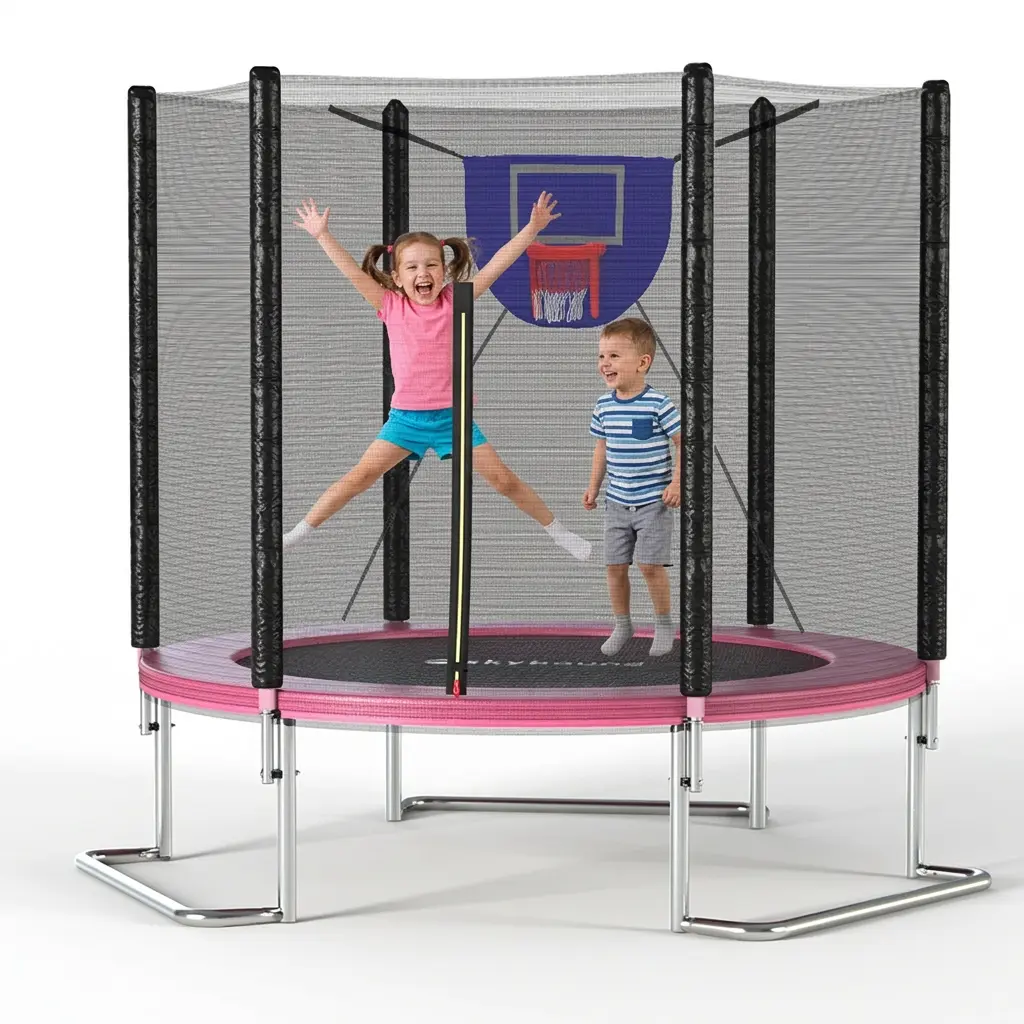 SkyBound 8.25ft Stable Exercise Trampoline for Kids & Adults, Outdoor Fitness Equipment with L-Shaped Legs, Rust-Resistant Steel Frame, Safety Enclosure Net, Foam-Padded Poles