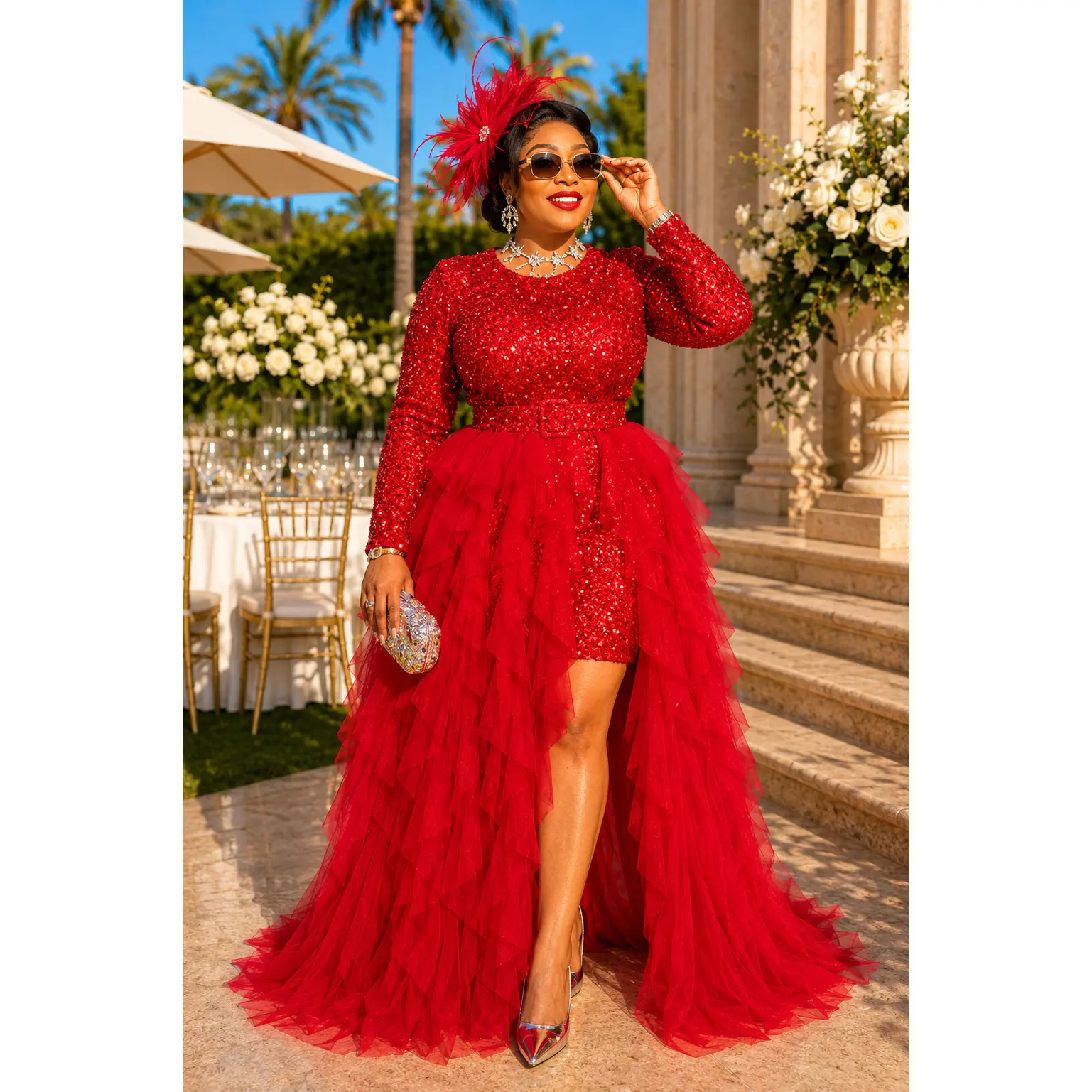 "The Compliment Collector" Red Sequin Wedding Guest Dress with Ruffle Tulle Overlay Formal Cocktail Party Mother of The Bride Celebrant Special Occasion Gown