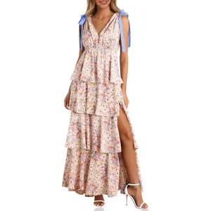 Women's Summer Floral Long Dress with Tie, Sleeveless V-Neck, High Slit, Bohemian Style, Ruffled Layered Beach Dress