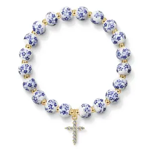 Floral Ceramic Bead Bracelet with Crystal Cross Charm