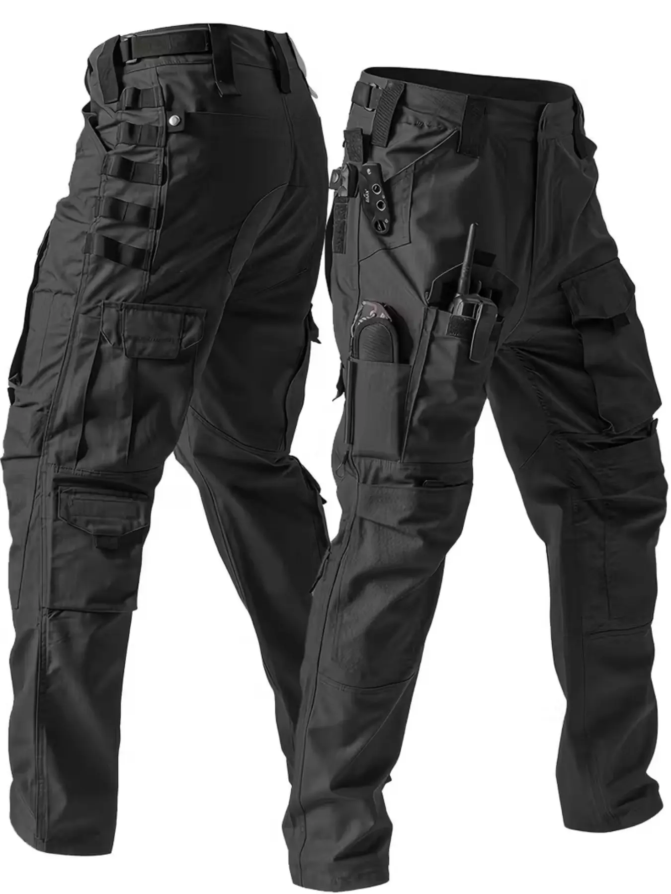 Men's Mid-Waist Polyester Blend Cargo Pants - Military-Inspired Workwear Style, Multi-Pocket, Reinforced Knees, Ripstop Flex, Regular Fit, Flap Tool Pockets, for Hiking Camping, Men's Work Pants