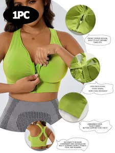 Women's Zipper Front Bra with Removable Pads, X-Back Seamless Design, Medium Support Sports Bra for Running, Gym, Yoga, Climbing