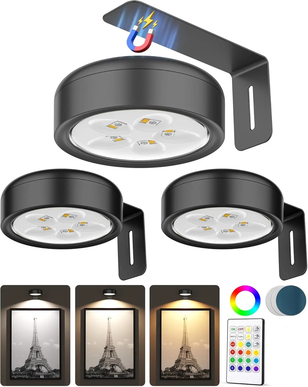 3 Pack Picture Lights for Wall ED Puck Lights with Remote,3 Color Temps and 12 RGB,Dimming & Timer,Art Frame Light for Painting Display,Photos,Wall Decor aesthetic room
