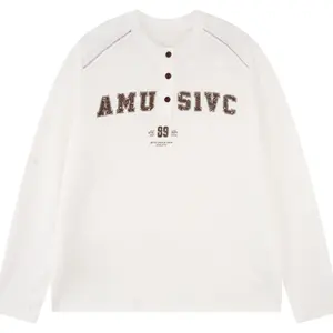 F426 Official Store Vintage Distressed AMU SIVC 89 Athletic Henley Long Sleeve Tee – Navy Blue Raglan Sleeve Casual Top