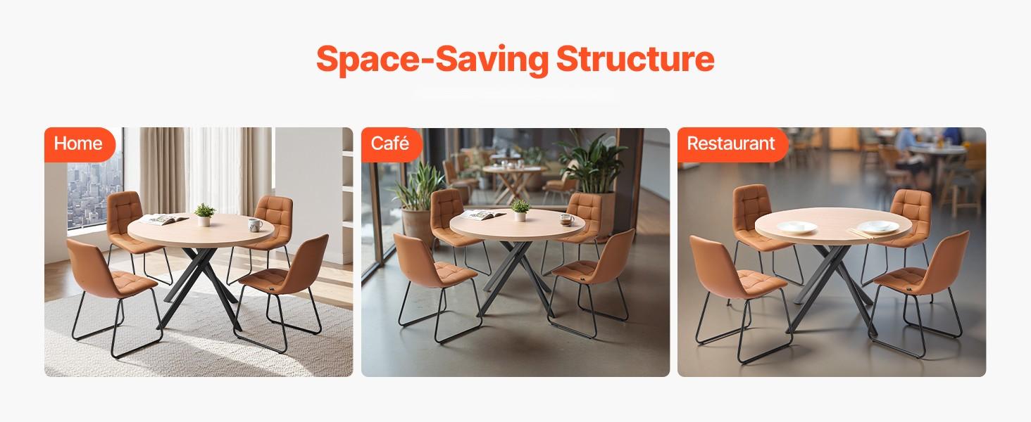 5-Piece Round Dining Table Set For Small Spaces - Space-Saving Kitchen Table With 4 Upholstered Orange Chairs, PU Leather Cushions, Modern Wood-Tone Finish, Adjustable Foot Pads, Ideal For Dining Room