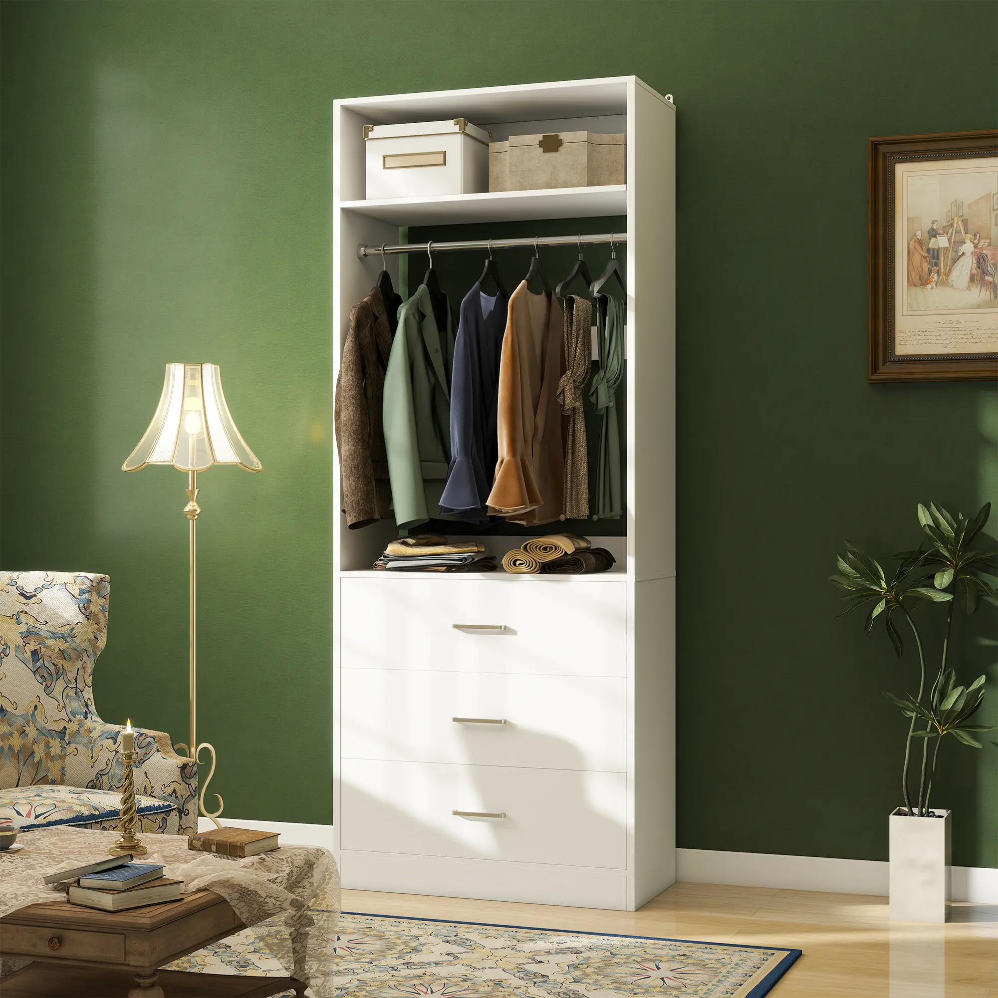 24" W Freestanding Closet System with 3 Wooden Drawers ＆ Hanging Rod, Modular 2FT Walk-in Closet Organizer System Wardrobe Cabinet Closet Rack