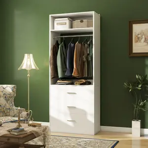 Cyclysio 24" W Closet Organizer with 3 Wood Drawers, Freestanding Small Wardrobe cabinet Walk-in Closet System with Hanging Rod，Tall Dresser closet organization Bedroom