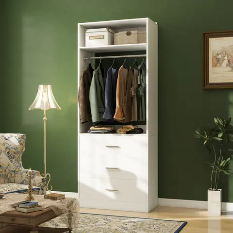 24" W Freestanding Closet System with 3 Wooden Drawers ＆ Hanging Rod, Modular 2FT Walk-in Closet Organizer System Wardrobe Cabinet Closet Rack,dorm essentials,home decor