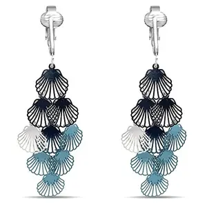 Blue Layered Seashells Clip On Dangling Earrings