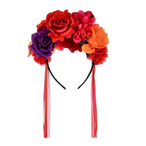 Women Day of the  Flower Crown Festival Headband Rose Mexican  Headpiece HC-23 (Red Purple)