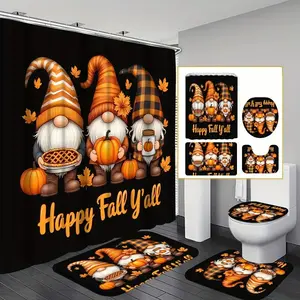 Thanksgiving Theme Bathroom Set, Cute Dwarf Shower Curtain, Non-Slip Mat, U-Shaped Rug, Toilet Lid Cover, Includes 12 Hooks