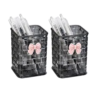 Bow Decoration Transparent Desktop  - Large Capacity Desktop  Case, Grid Design, For , School, Home - Multifunctional Marker & Stationery ,     makeuporganizer  box container makeuporganizer