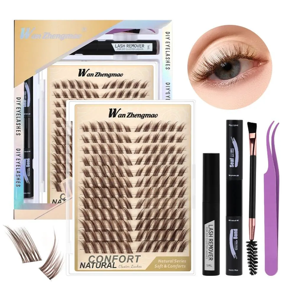 DIY Cluster Lashes Kit, Brown & Black D Curl Lash Extensions with Clear Band, 8-18mm Mixed Length Wispy Volume Individual Lashes with Bond & Seal