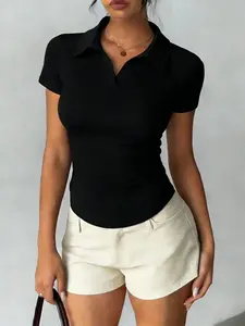 European Style Women's Slim Fit Polo Collar Short Sleeve Basic Top, Soft and Comfortable Fabric, Perfect for Outdoor Activities and Casual Outings