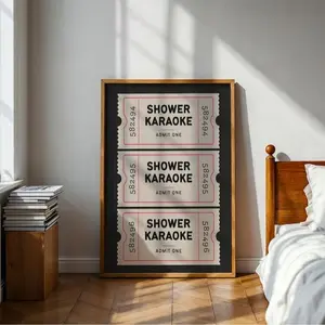 Shower Karaoke Ticket Print: Bathroom Print, Singing Funny Wall Art Vintage Trendy Home Decor, Bathroom Retro Black Cream Poster No Frame