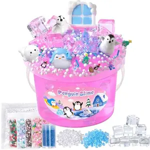 Penguin Slime Kit 10oz, Big Clear Slime Bucket with Cute Charms, Fun Pink Slime Sensory Toys, Slime Pack Goodie Bag Stuffers, Birthday for Boys Girls Ages 4 5 6 7 8 9 10 11 12