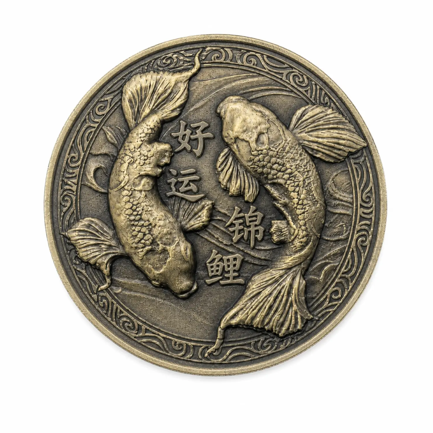 Chinese Koi Fu Character Good Luck Challenge Coin - 40mm Zinc Alloy Lucky Token with Capsule
