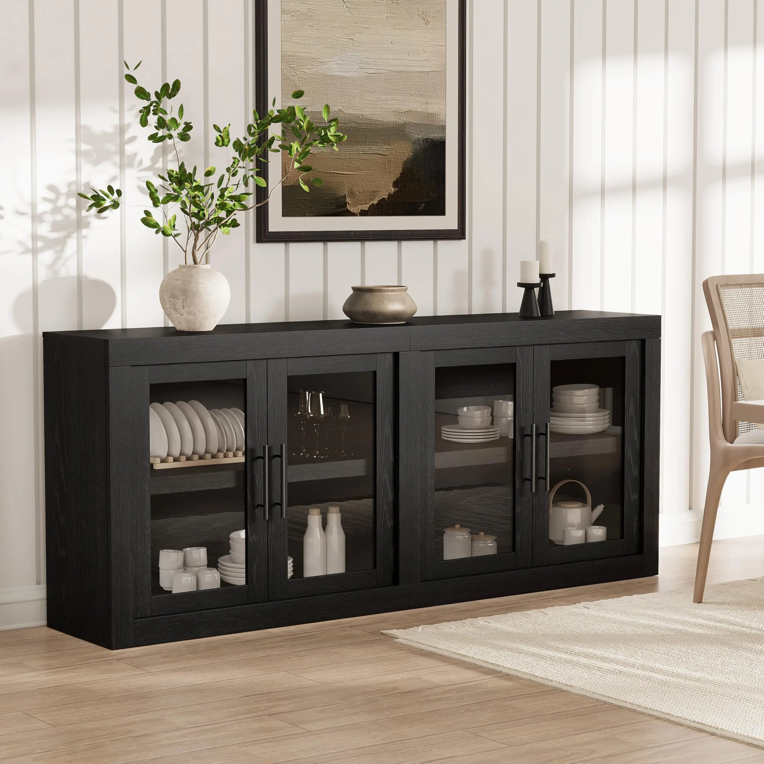 GARVEE Black 70.8 in Sideboard Buffet Cabinet with Storage, Mid Century Modern Accent Cabinet with 4 Glass Doors, Wood Coffee Bar Media Console Credenza for Living Room, Kitchen,Hallway