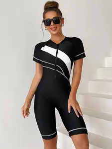 Women's Colorblock Sports One-piece Swimsuit, Sporty Long Sleeve Swimwear for Beach Swimming, Ladies Swimsuit for All Seasons