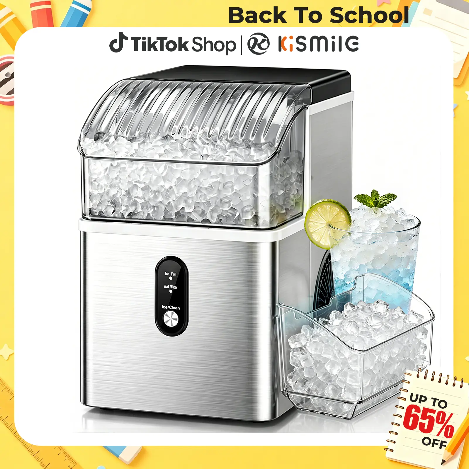 Kismile Countertop Nugget Ice Maker Machine, Portable Unit with Ice Machine Cleaner, 35Lbs/24H Production, 7-Mins Quick Making, Self-Cleaning, 1-Click Operation for Home Kitchen, Office, 35 Pounds/24H,home essentials