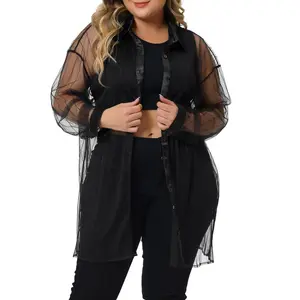 Agnes Orinda Women's Plus Size Mesh Sheer Long Sleeve Button Down See Through Shirts 4X Black