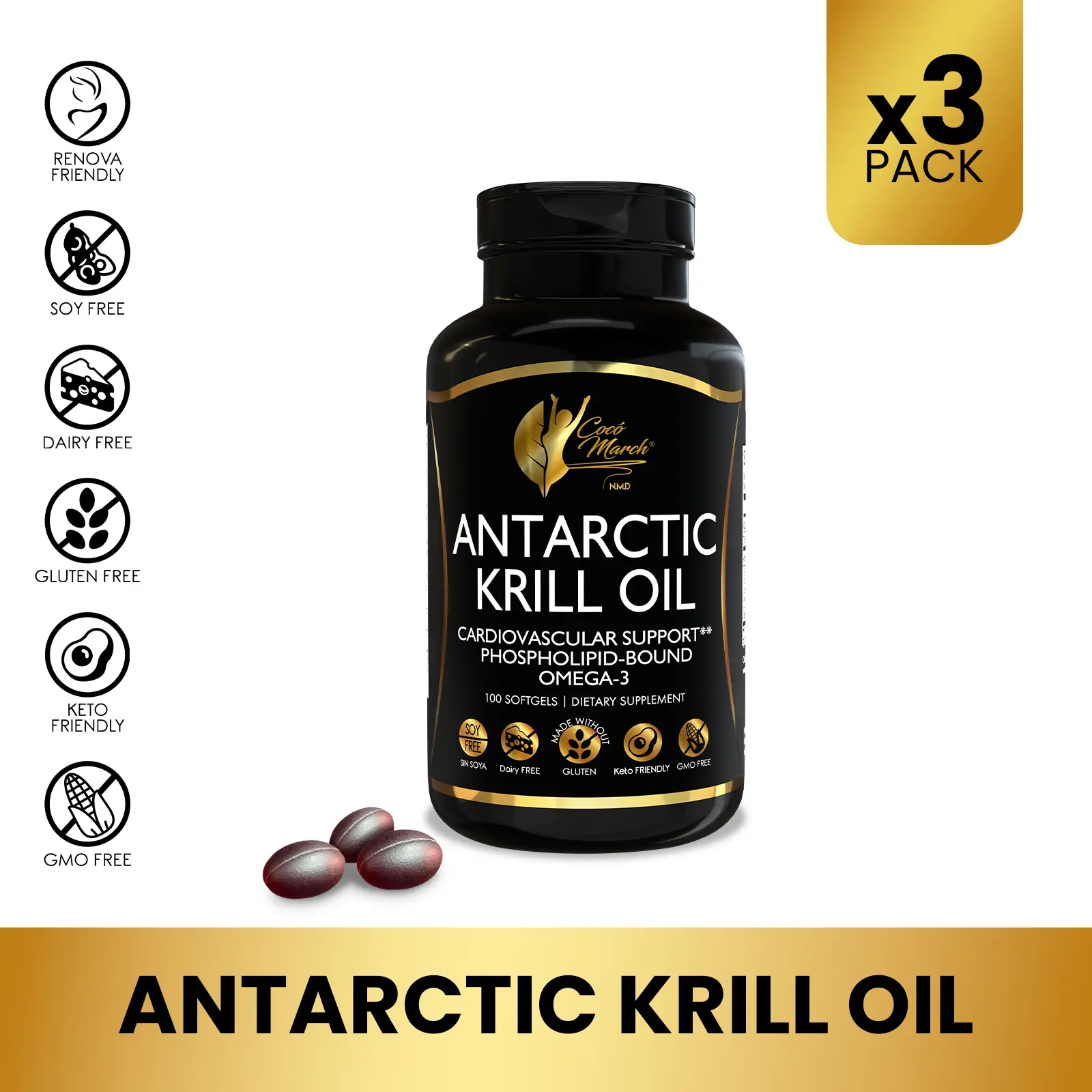 3 Bottles of Cocó March N.M.D Antarctic Krill Oil Omega-3 Dietary Supplement, Essential Fatty Acids Supplement for Adults, DHA EPA - 300 Softgel Capsules per Pack