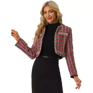 INSPIRE CHIC Women's Double Breasted Open Front Elegant Plaid Tweed Crop Blazer Red X-Small