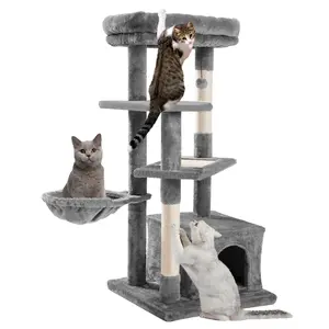 Cat Tree for Large Cats Multi-Level Cat Tower with Sisal Covered Scratching Posts Spacious Condo Cozy Hammock and Plush Top Perch ALPACASSO 45" Tall Gray TSCA Board
