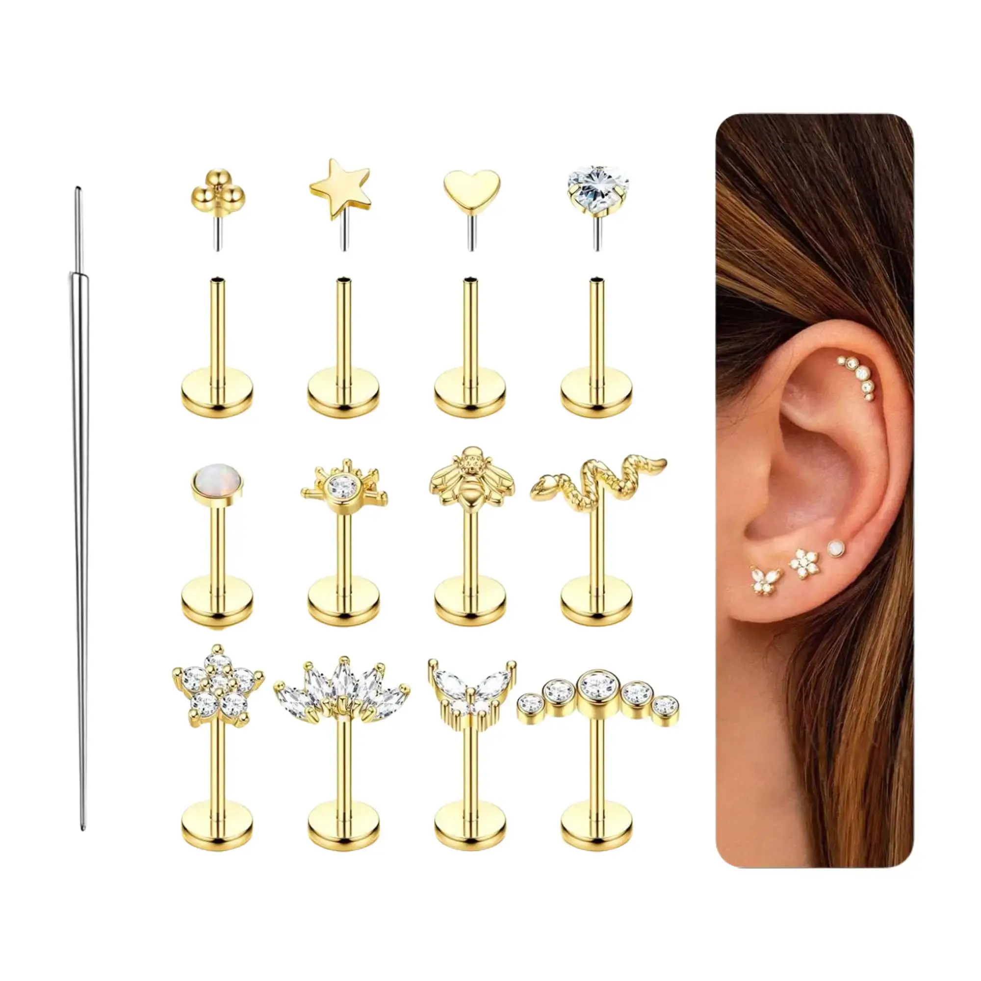 ORAZIO Push-in Stud Earrings 14K Gold Plated 316L Surgical Steel Hypoallergenic 20G 18G Flat Back Multi-Pack for Cartilage Helix Tragus Nose Piercing Jewelry Women