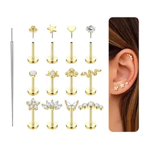 ORAZIO Push-in Stud Earrings 14K Gold Plated 316L Surgical Steel Hypoallergenic 20G 18G Flat Back Multi-Pack for Cartilage Helix Tragus Nose Piercing Jewelry Women