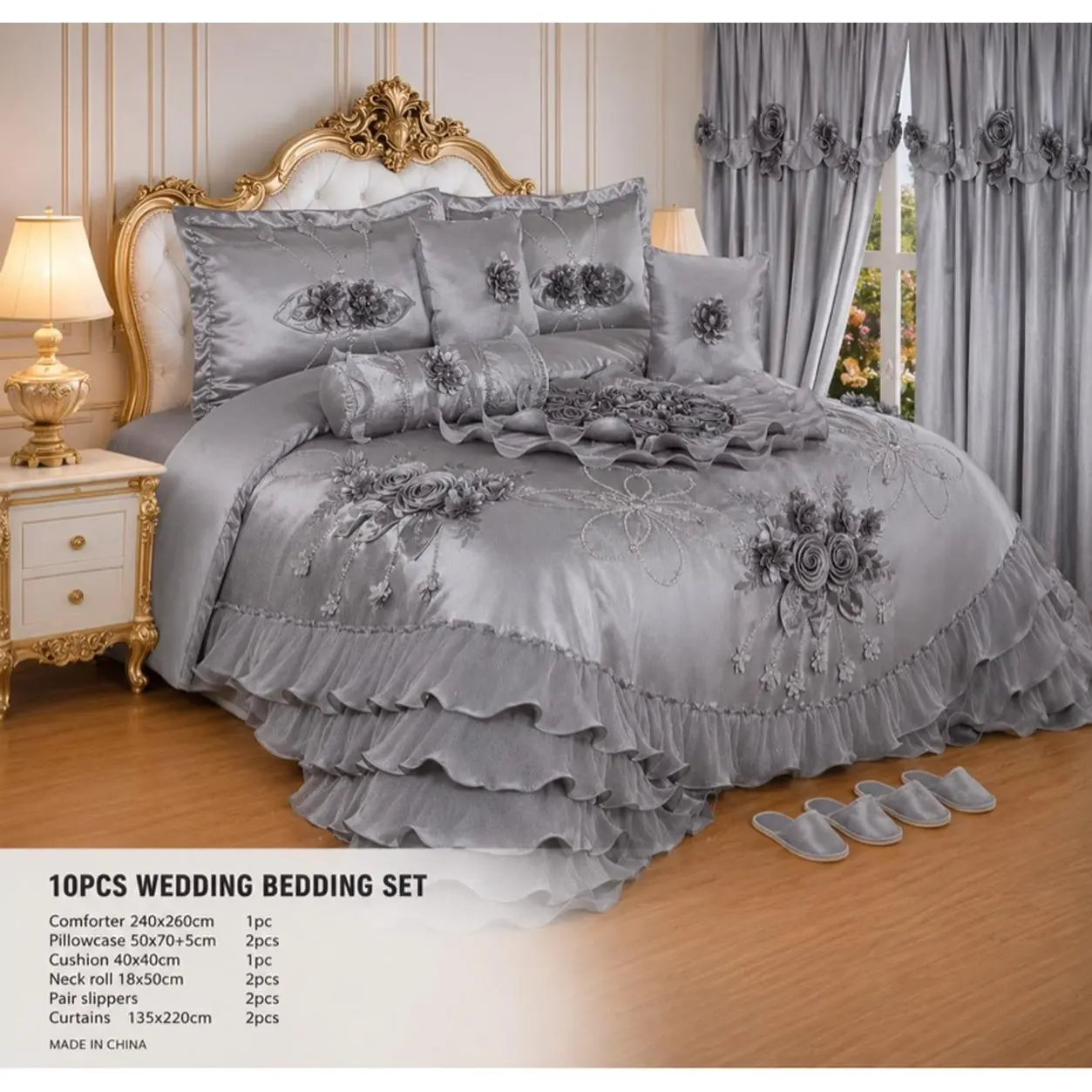 Luxury Silver Embroidered 10 Piece Wedding Bedding Set