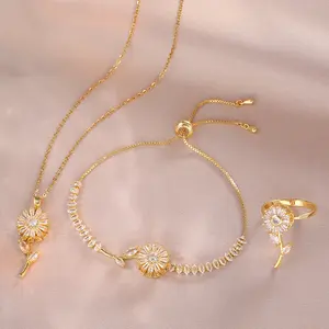 3PCS Jewelry Set, Necklace Women's Fashion Style Rotating Sunflower Zircon Necklace, Fashion Suit Titanium Steel Clavicle Chain