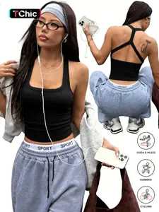 Backless Sleeveless Sports Bra Tank Top, Cross-Back Design, Comfortable Casual Wear, Daily Date, Slim-Fitting Short Style, Yoga Sports Bra