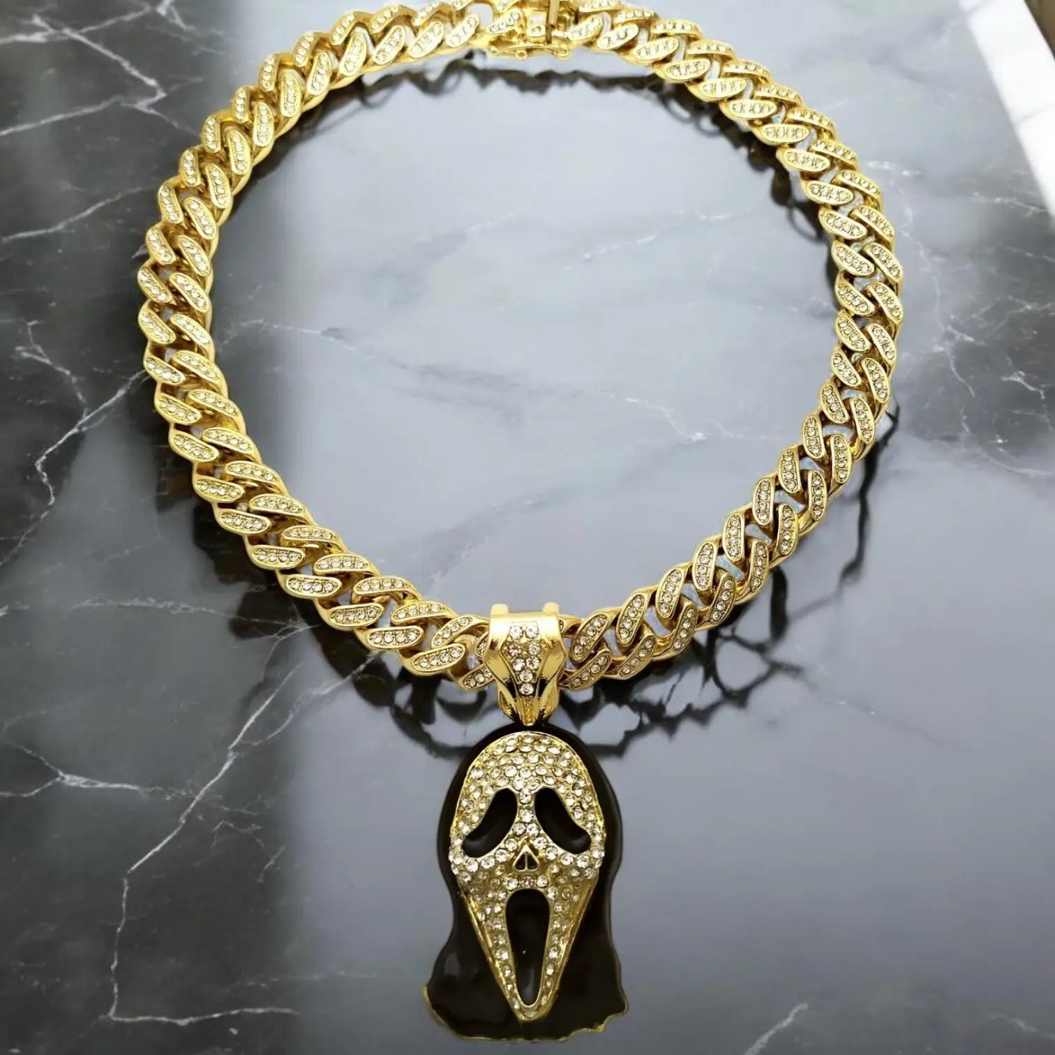 MaxBling81 Ghost Mask Pendant Hip Hop Necklace with 13mm Iced Cuban Link Chain, Unisex Box Lock Chain Jewelry Necklaces, Multi-Size Options (18in, 20in, 24in) Fashion Costume Accessory