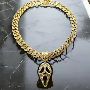 MaxBling81 Ghost Mask Pendant Hip Hop Necklace with 13mm Iced Cuban Link Chain, Unisex Box Lock Chain Jewelry Necklaces, Multi-Size Options (18in, 20in, 24in) Fashion Costume Accessory