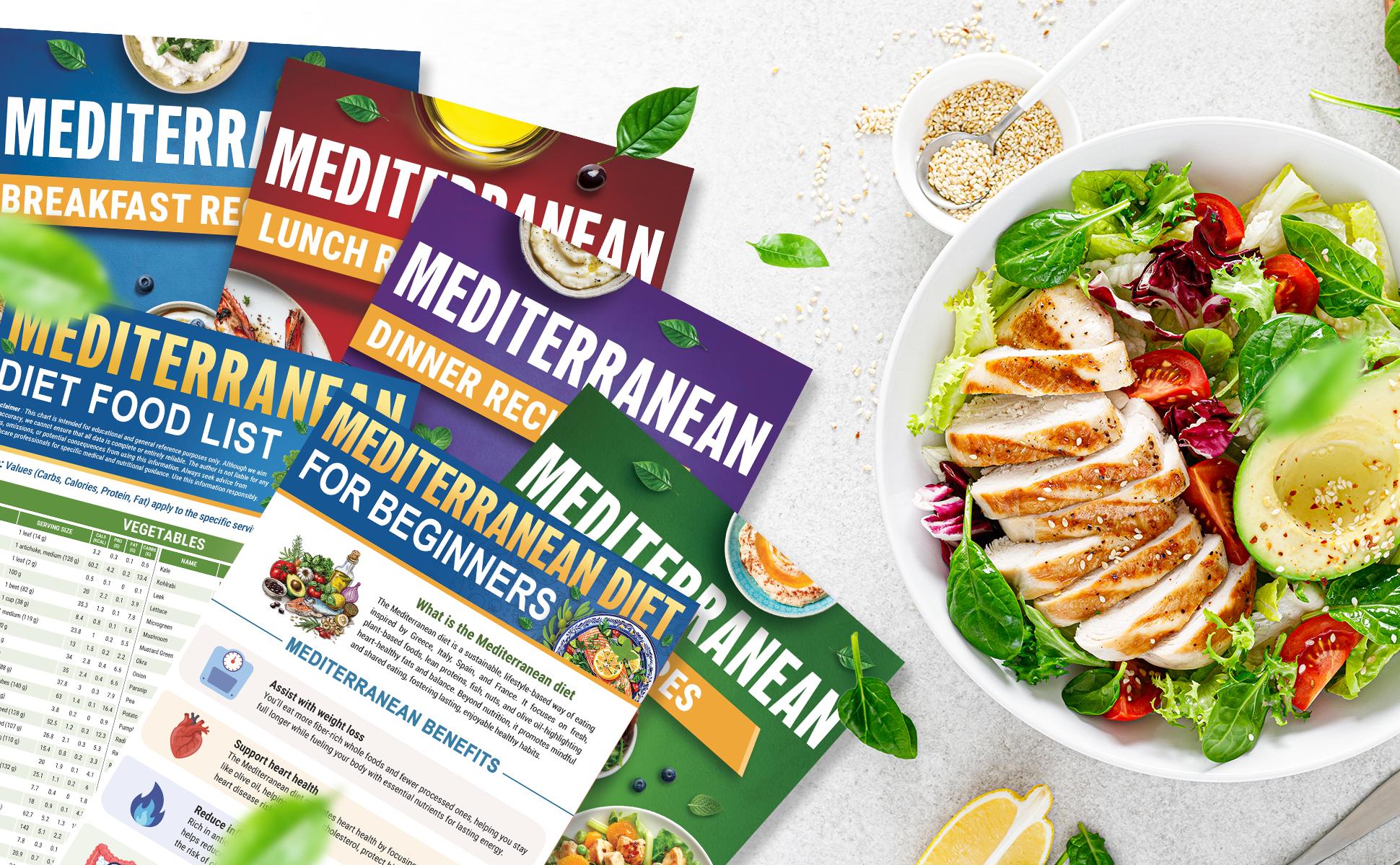 Mediterranean Diet for Beginners & Seniors, 6 Laminated Charts with 28-Day Meal Plan, Mediterranean Food List, 80 Recipes with Macros, Blue Zone Inspired Low Cholesterol Healthy Eating Guide