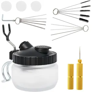 Airbrush Cleaning Kit Spray Wash Cleaning Pot Stabilizer Jar Bottles Holder with Cleaning Tools Needle Nozzle Brush