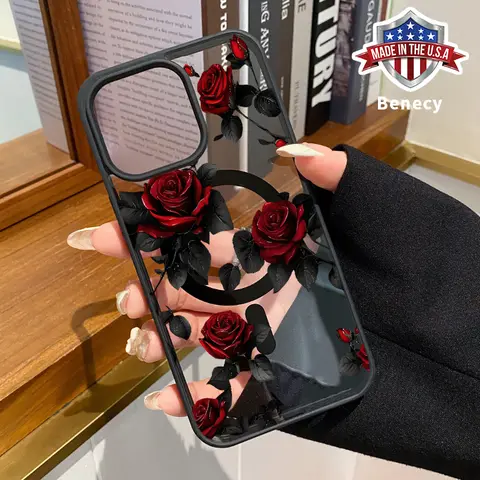 Elegant Red Roses Pattern Magnetic Smartphone Cover for iPhone 11-17,16 Plus,Pro Max,XR,XS,AirPlus E - MagSafe Snapon,Shockproof,Non-Slip,Wireless Charging Compatible,Durable Silicone Transparent Acrylic Casing,Matte Edges,Protection (Phone Accessories)