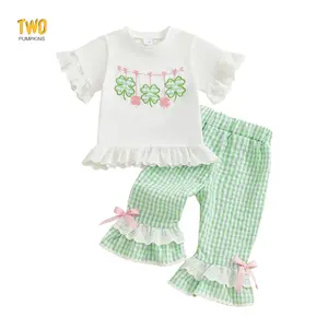 St Patricks Day Baby Girl Outfit Shamrock Short Sleeve Tops Plaid Flared Pants Set Toddler Girl Irish Clothes
